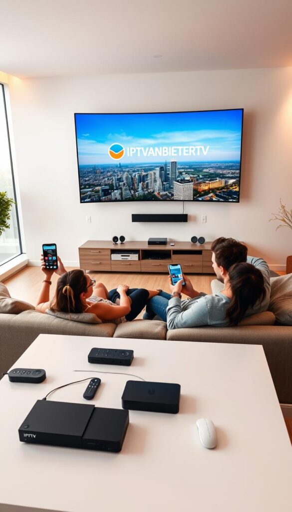A modern, sleek living room with a large, curved OLED television mounted on the wall. On the TV screen, the IPTVANBIETERTV logo is prominently displayed, showcasing its flexible multi-device support. In the foreground, a young couple relaxes on a plush sofa, each holding a different device - a smartphone, a tablet, and a remote control - all seamlessly connected to the IPTV service. The room is bathed in warm, diffused lighting, creating a cozy and inviting atmosphere. The middle ground features a minimalist entertainment center with various gadgets and streaming devices. The background depicts a panoramic cityscape view through large windows, emphasizing the urban, connected lifestyle. Overall, the scene conveys the ease and convenience of enjoying IPTV content on multiple devices simultaneously.