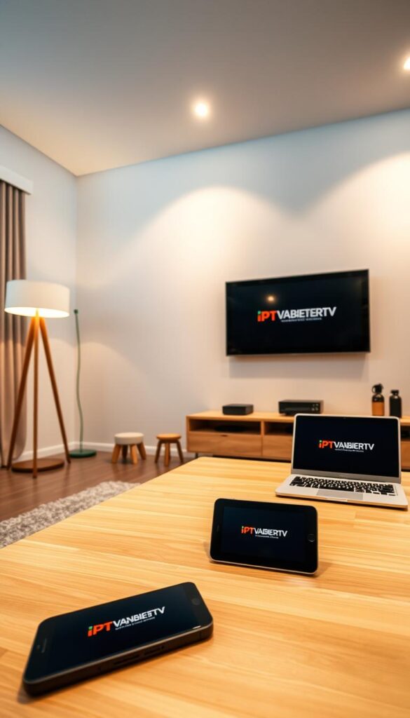 A modern, sleek living room with a large flat-screen TV mounted on the wall. In the foreground, a variety of digital devices - a smartphone, tablet, and laptop - are arranged on a minimalist wooden coffee table, showcasing the versatility of the IPTVANBIETERTV service. Warm, indirect lighting from a floor lamp and recessed ceiling fixtures creates a cozy, inviting atmosphere. The room's neutral color palette of grays, whites, and natural wood tones emphasizes the clean, uncluttered design. The devices display the IPTVANBIETERTV logo, highlighting the brand's seamless multi-device support for a truly connected entertainment experience.