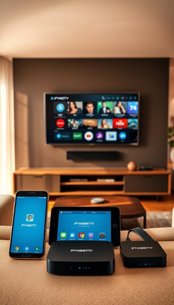 A modern, sleek living room with a large flat-screen TV mounted on the wall. In the foreground, a range of smart devices - a smartphone, tablet, and streaming box - are all connected and displaying the IPTVANBIETERTV interface. The room is filled with warm, natural lighting, creating a cozy and inviting atmosphere. The devices are arranged neatly, suggesting a seamless and integrated IPTV experience across multiple platforms. The overall scene conveys the convenience and versatility of IPTV, allowing users to access their content on a variety of devices within their home.