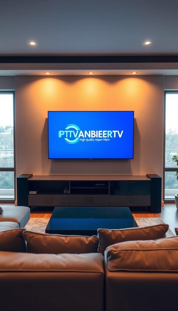 A modern, sleek living room with a large flat-screen TV mounted on the wall. On the screen, the IPTVANBIETERTV logo is prominently displayed, showcasing their high-quality IPTV service. The room is bathed in warm, soft lighting, creating a cozy and inviting atmosphere. In the foreground, a comfortable sofa and coffee table create a relaxing seating area. The middle ground features a minimalist entertainment center, hinting at the advanced features and accessibility of IPTV. The background reveals large windows, allowing natural light to stream in and highlighting the convenience and flexibility of IPTV compared to traditional cable or satellite TV.