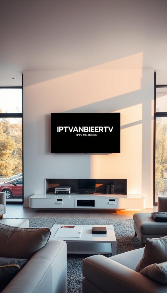 A modern, sleek living room with a large flat-screen TV mounted on the wall. The room is bathed in warm, natural lighting from large windows. On the TV screen, the IPTVANBIETERTV logo is prominently displayed, showcasing their IPTV Multiroom service. In the foreground, a high-end, minimalist entertainment center houses various media devices. Scattered around the room are comfortable sofas and armchairs, creating a cozy, inviting atmosphere. The overall scene conveys a sense of technological sophistication and premium home entertainment.