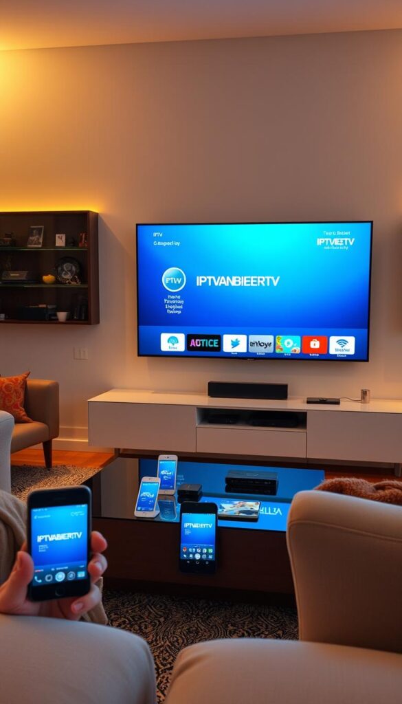 A modern, sleek living room with a large flatscreen TV displaying the IPTVANBIETERTV interface. Various mobile devices, such as smartphones and tablets, are positioned around the room, showcasing the seamless integration of IPTV across multiple platforms. The lighting is warm and inviting, creating a cozy atmosphere. The room is furnished with minimalist, contemporary decor, allowing the technology to take center stage. The overall scene emphasizes the convenience and versatility of IPTV, enabling users to enjoy their content on any device, at any time.