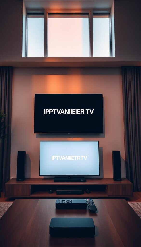 A modern, sleek living room with a large flatscreen TV mounted on the wall. On the TV screen, the brand name "IPTVANBIETERTV" is prominently displayed, showcasing their IPTV service. The room is bathed in warm, natural lighting from large windows, creating a cozy and inviting atmosphere. In the foreground, a coffee table with a remote control and a streaming device emphasize the ease of accessing IPTV content. The overall scene conveys the convenience and entertainment value of IPTV technology.