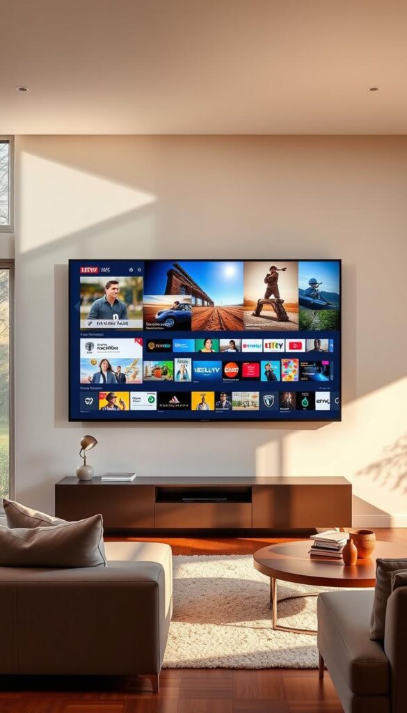 A modern, sleek living room with a large, high-definition IPTVANBIETERTV display mounted on the wall. Sunlight filters through large windows, creating a warm, inviting atmosphere. The room is tastefully decorated with minimalist furniture and accents, conveying a sense of sophistication. The display showcases a diverse range of content, from live news and sports to on-demand movies and TV shows, highlighting the versatility and convenience of IPTV technology. The scene exudes a sense of comfort and entertainment, perfectly capturing the advantages of IPTV over traditional television services.