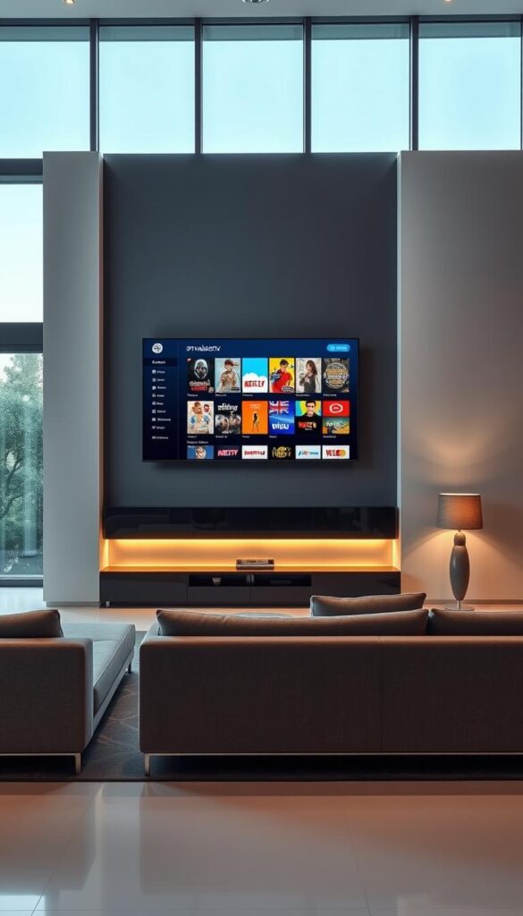 A modern, sleek living room with a large, wall-mounted IPTV display showcasing the IPTVANBIETERTV brand. The room has floor-to-ceiling windows, allowing natural light to pour in and create a bright, airy atmosphere. The furniture is minimalist and contemporary, with a plush, grey couch and a coffee table with clean lines. A subtle, indirect lighting system illuminates the room, creating a warm and inviting ambiance. The IPTV display is the focal point, prominently displaying a diverse selection of content, highlighting the flexibility and versatility of the IPTV service. The overall scene conveys a sense of comfort, convenience, and the seamless integration of technology into the modern home.