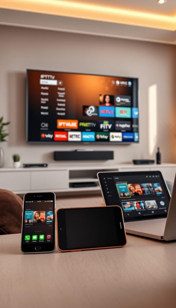 A modern, sleek living room with a large, wall-mounted TV displaying an IPTVANBIETERTV menu. In the foreground, a smartphone, tablet, and laptop are arranged, all connected to the IPTV service. The room is filled with warm, natural lighting, creating a cozy and inviting atmosphere. The devices showcase the multidevice capabilities of the IPTV service, allowing users to access their content seamlessly across various platforms. The overall scene conveys the convenience and flexibility of the IPTVANBIETERTV experience.