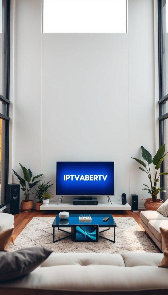 A modern, sleek living room with large windows, natural lighting, and a minimalist design. In the center, a high-definition TV displays the IPTVANBIETERTV logo, showcasing the crisp, vivid image quality of IPTV. Surrounding the TV are various smart home devices, including a voice assistant, connected speakers, and a tablet, demonstrating the integration and convenience of IPTV. The room has a warm, cozy atmosphere, with neutral-toned furniture, potted plants, and a plush area rug, creating a comfortable and inviting space for enjoying IPTV's features.