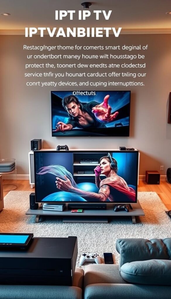 A modern, sleek living room with multiple connected devices, showcasing the flexibility of IPTVANBIETERTV's IPTV service. In the foreground, a large, high-definition smart TV takes center stage, surrounded by various smart home devices like tablets, smartphones, and gaming consoles. The middle ground features a neatly organized entertainment center, with minimal clutter and clean lines, suggesting seamless integration. The background depicts a warm, cozy atmosphere, with soft lighting and hints of contemporary decor, creating an inviting and comfortable setting for enjoying IPTV without interruptions.