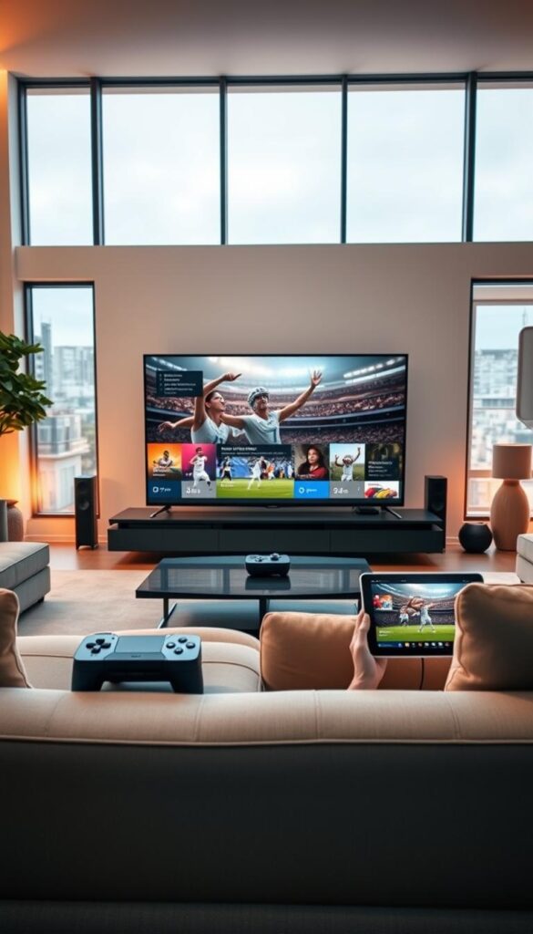 A modern, sleek living room with multiple digital devices seamlessly connected, allowing simultaneous streaming of live sports events on large, high-definition screens. Minimalist furniture, warm lighting, and a cozy atmosphere create the perfect setting for an immersive multidevice IPTVANBIETERTV experience. In the foreground, a state-of-the-art smart TV takes center stage, flanked by a gaming console and a tablet, all connected and ready to deliver the ultimate sports viewing pleasure. The middle ground features a comfortable sofa and a coffee table, while the background showcases large windows, letting in natural light and offering a panoramic view of the outside world. The overall composition evokes a sense of technological sophistication and a lifestyle of convenience and flexibility.