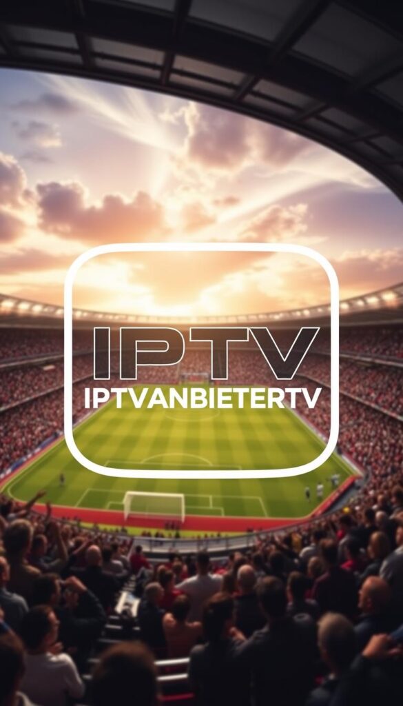 A modern, sleek-looking IPTV service provider logo with the brand name "IPTVANBIETERTV" prominently displayed. The logo is set against a dynamic background featuring a soccer stadium with fans in the stands, creating an atmosphere of excitement and sports entertainment. The image should have a high-quality, photorealistic appearance with realistic lighting, textures, and attention to detail to convey the premium quality of the IPTV service offering Sky Sports.
