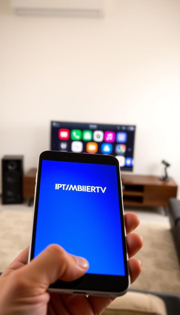 A modern, sleek mobile device, its screen illuminated by a vibrant display showcasing the IPTVANBIETERTV logo. The device is held in the foreground, its clean lines and elegant design capturing the essence of mobile IPTV streaming. In the middle ground, a series of application icons dance across the screen, representing the various features and functionalities of the IPTV service. The background is softly blurred, conveying a sense of focus and emphasis on the device and its capabilities. The lighting is natural and diffused, creating a warm, inviting atmosphere that evokes a sense of comfort and ease of use for the IPTV experience.