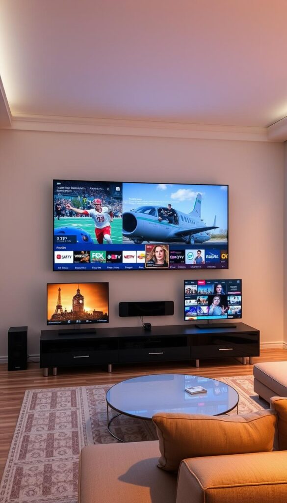 A modern, sleek multiscreen IPTV setup with an array of high-definition displays, showcasing the seamless integration of IPTVANBIETERTV's comprehensive entertainment platform. The scene depicts a minimalist living room with large, edge-to-edge screens mounted on the walls, bathed in soft, diffused lighting that creates a warm, inviting atmosphere. The displays showcase a variety of content, from live sports to popular streaming services, illustrating the platform's versatility and ability to cater to diverse entertainment needs. The arrangement of the screens, carefully positioned to provide an immersive viewing experience, conveys a sense of technological sophistication and the ease of accessing a vast library of content across multiple devices.
