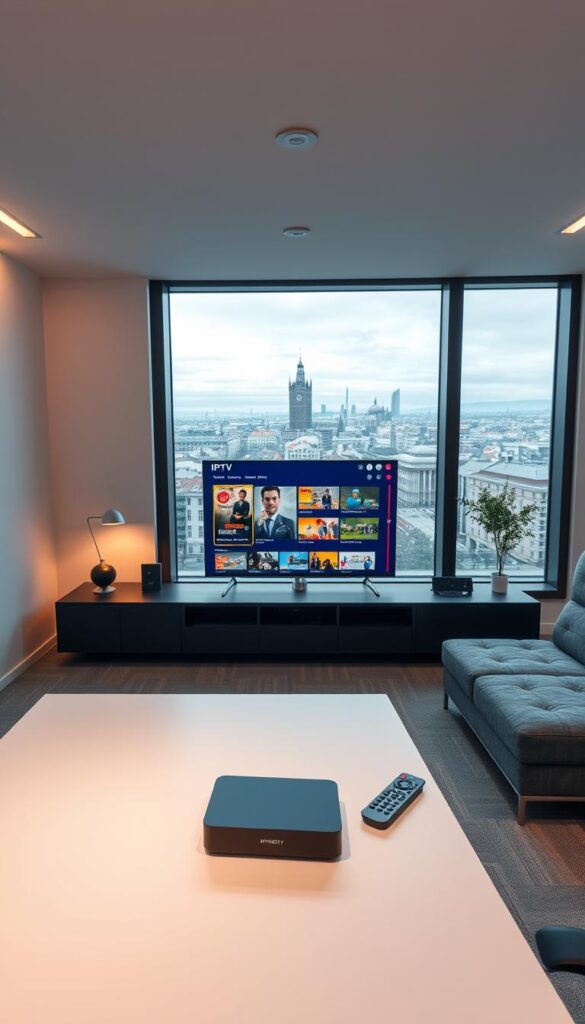 A modern, sleek office interior showcasing the IPTVANBIETERTV brand. Warm lighting illuminates a minimalist workspace with clean lines and a focus on functionality. An L-shaped desk sits prominently in the foreground, with a high-end IPTV set-top box and remote control placed purposefully. The middle ground features a wall-mounted display demonstrating the IPTV service's user interface and channel selection. In the background, floor-to-ceiling windows offer a panoramic view of the Munich skyline, creating a sense of urban sophistication. The overall atmosphere conveys professionalism, innovation, and a commitment to providing the best IPTV experience in Germany.