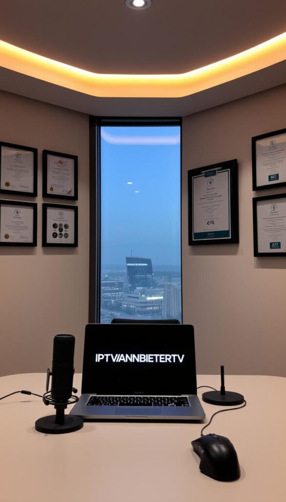 A modern, sleek office interior with a large window overlooking a cityscape. Prominent on the desk is a laptop displaying the IPTVANBIETERTV logo, flanked by a high-end microphone and gaming mouse. The walls are adorned with framed certifications and awards related to IPTV services. Soft, directional lighting creates a professional yet inviting atmosphere. The scene conveys the image of a leading IPTV provider in Germany, one that offers premium services and a commitment to customer satisfaction.