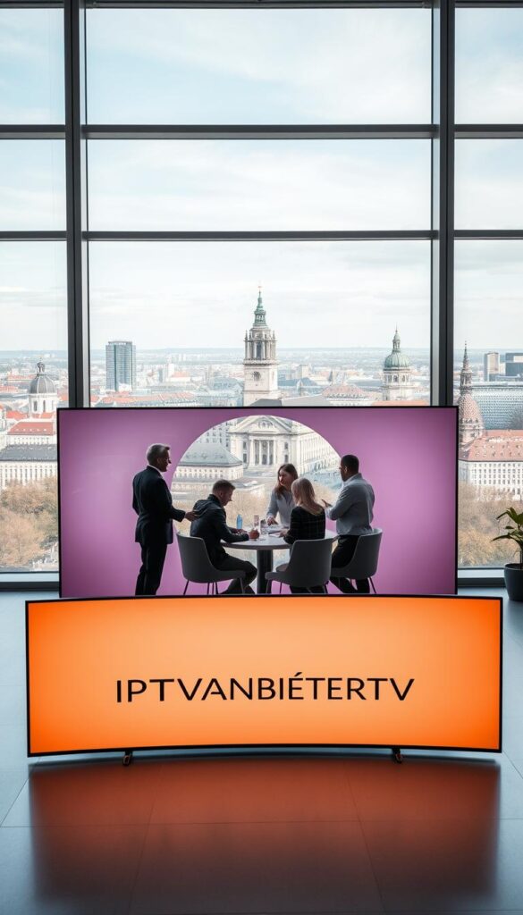 A modern, sleek office interior with floor-to-ceiling windows overlooking the cityscape of Munich. In the foreground, a large, curved OLED display dominates the scene, showcasing the IPTVANBIETERTV brand and its comprehensive IPTV service offerings. The display is illuminated by soft, natural lighting filtering in from the windows, creating a warm and inviting atmosphere. In the middle ground, a group of young, tech-savvy professionals are gathered around a conference table, discussing the features and benefits of the IPTV service. The background features a panoramic view of the Munich skyline, with iconic landmarks such as the Frauenkirche and the Alte Pinakothek visible in the distance. The overall scene conveys a sense of professionalism, innovation, and the city's vibrant tech culture.