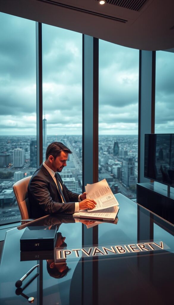 A modern, sleek office interior with large windows overlooking a bustling city skyline. A well-dressed businessman is seated at a glass-topped desk, studying legal documents related to IPTV regulations in Germany. The lighting is soft and professional, creating a sense of authority and expertise. IPTVANBIETERTV branding is subtly displayed on the desk or a wall-mounted display. The overall atmosphere conveys an air of seriousness and legal expertise, reflecting the nuanced legal landscape surrounding IPTV services in the country.