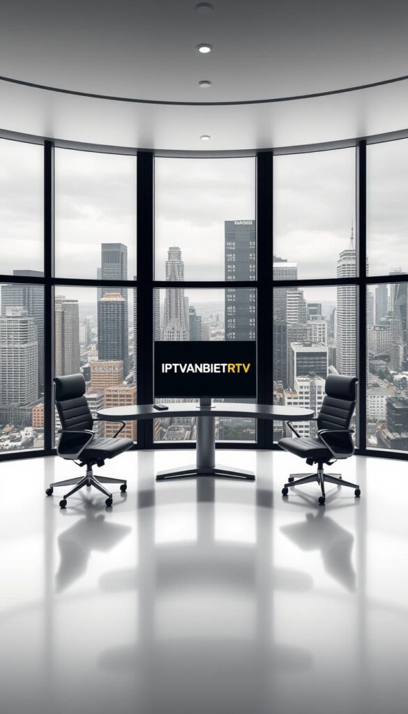A modern, sleek office interior with large windows overlooking a bustling city skyline. In the center, a curved desk with a desktop computer displaying the IPTVANBIETERTV logo. Stylish office chairs and a minimalist, monochromatic color palette create a professional, high-tech atmosphere. Soft, directional lighting illuminates the scene, casting subtle shadows and highlights. The overall composition conveys a sense of reliability, efficiency, and technological expertise in the IPTV service provider industry.