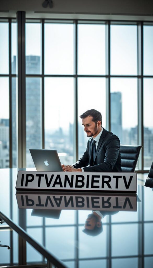 A modern, sleek office interior with large windows overlooking a cityscape. In the center of the frame, a professional-looking man in a suit is seated at a desk, working intently on a laptop computer. On the desk, a prominent sign reads "IPTVANBIETERTV". The lighting is bright and natural, creating a sense of professionalism and authority. The background is blurred, emphasizing the subject. The overall mood is one of a successful, technology-driven business catering to the needs of IPTV consumers in Germany.