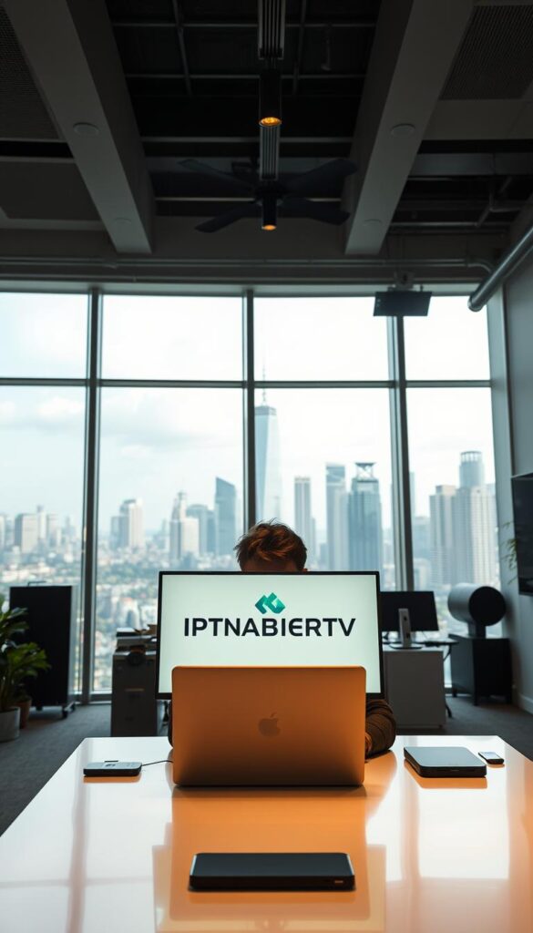 A modern, sleek office interior with large windows overlooking a cityscape. In the foreground, a person sitting at a desk using a laptop, with the IPTVANBIETERTV brand logo displayed prominently on the screen. The lighting is soft and warm, creating a professional, yet inviting atmosphere. The middle ground features various office equipment and decor, while the background showcases the bustling city skyline outside. The overall scene conveys a sense of legal, legitimate IPTV services being offered in a reputable, technology-driven environment.