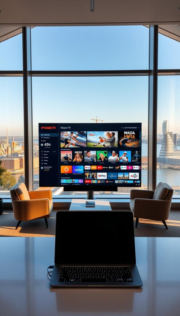 A modern, sleek office interior with large windows overlooking the Hamburg cityscape. In the center, a 4K IPTVANBIETERTV display showcases a variety of live TV channels, sports events, and on-demand content. The scene is bathed in warm, natural lighting, creating a professional yet inviting atmosphere. In the foreground, a minimalist desk with a laptop and wireless keyboard suggests a productive work environment. The middle ground features comfortable chairs and a coffee table, hinting at a space for collaboration and discussion. The background showcases the iconic Hamburg skyline, including the Elbe River and landmarks like the Elbphilharmonie. The overall impression is one of a cutting-edge, technology-driven IPTV service provider trusted by discerning Hamburg customers.