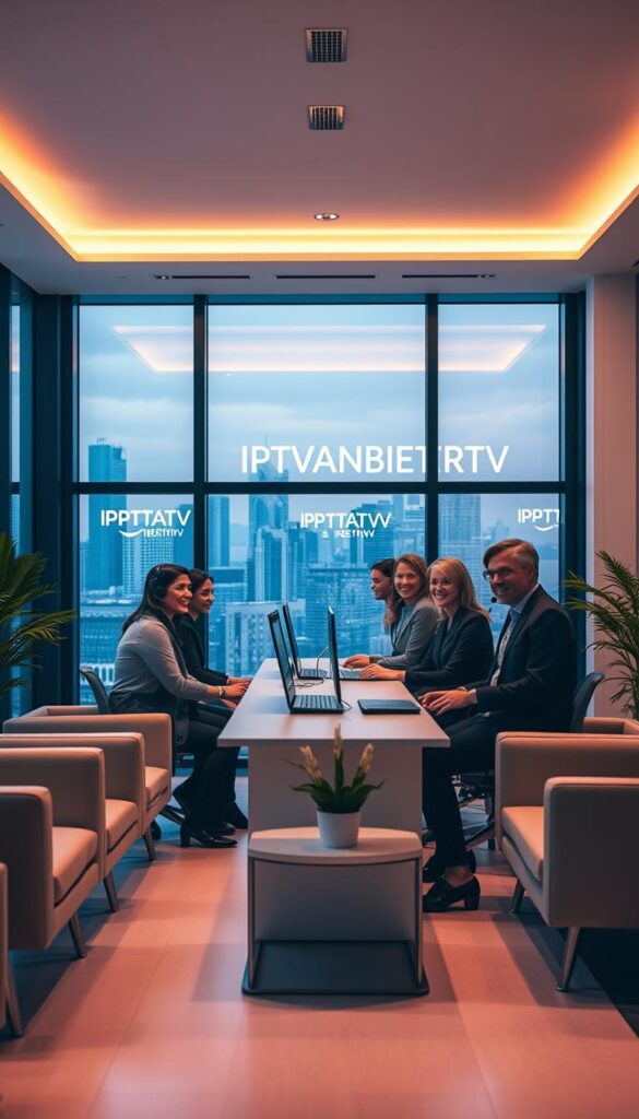 A modern, sleek office interior with minimalist furniture and a large window overlooking a city skyline. In the center, a team of friendly, professional-looking customer service representatives wearing headsets and providing assistance to IPTVANBIETERTV customers. The lighting is warm and ambient, creating a welcoming atmosphere. The background features IPTVANBIETERTV branding, subtly incorporated into the decor. The overall scene conveys a sense of efficiency, reliability, and a commitment to customer satisfaction.