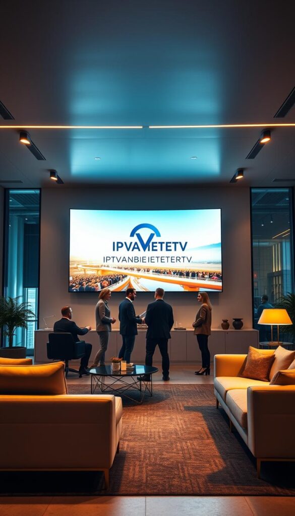A modern, sleek office space showcasing the IPTVANBIETERTV brand. The focal point is a large, curved display screen in the center, displaying the company's logo and striking visuals. The lighting is warm and ambient, creating a professional yet inviting atmosphere. In the foreground, minimalist furniture and decor elements complement the minimalist aesthetic. The middle ground features technicians or sales representatives engaged in discussion, highlighting the company's expertise and customer-centric approach. The background incorporates architectural elements like floor-to-ceiling windows, providing a sense of scale and sophistication. The overall composition conveys the leading position of IPTVANBIETERTV in the German IPTV market.