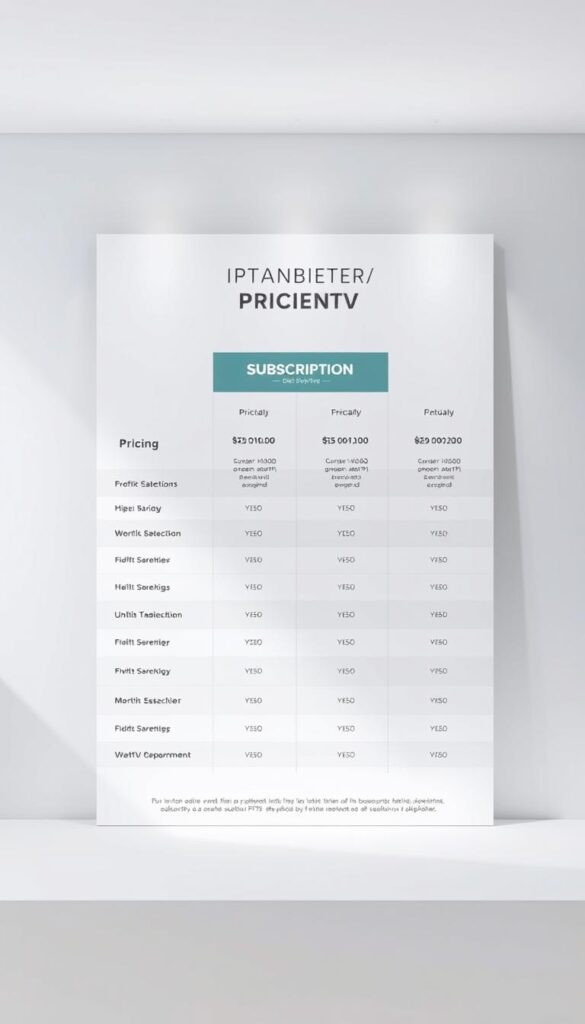 A modern, sleek pricing table showcasing the subscription options for IPTVANBIETERTV. The table is set against a minimalist, light-colored background, creating a clean and professional look. The table features clear and concise pricing details, with different tiers and plan options neatly organized. The table is illuminated by soft, directional lighting, highlighting the key information. The overall design conveys a sense of value, reliability, and transparency, reflecting the brand's commitment to delivering a high-quality IPTV service.