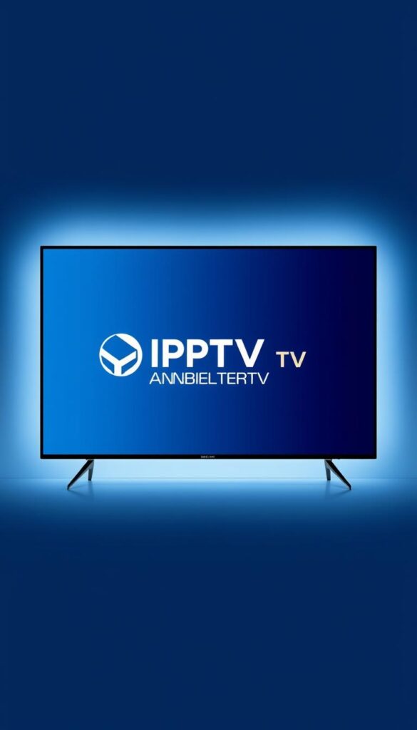 A modern, sleek smart TV display showcasing the IPTV Deutschland logo and interface. The screen is centered, with a minimalist black frame and a clean, uncluttered layout. The background has a subtle gradient, transitioning from a light blue at the top to a deeper navy at the bottom, creating a sense of depth and sophistication. The IPTV ANBIETER TV logo is prominently displayed, with a crisp, high-resolution rendering that commands attention. The overall mood is one of advanced technology, simplicity, and high-end entertainment.