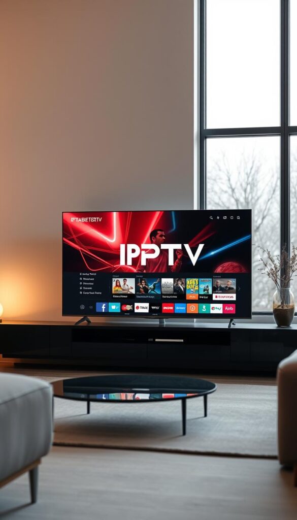 A modern, sleek smart TV display showcasing the IPTVANBIETERTV brand and IPTV technology. The screen depicts a high-definition 4K video stream with crisp, vibrant colors and smooth motion. The TV is situated in a minimalist, well-lit living room setting with large windows allowing natural light to flood the space. Subtle ambient lighting and muted earth-toned furnishings create a calming, sophisticated atmosphere. The TV's thin, bezel-less design blends seamlessly into the room's decor. The overall scene conveys the convenience, flexibility, and premium viewing experience of IPTV in a contemporary German household.