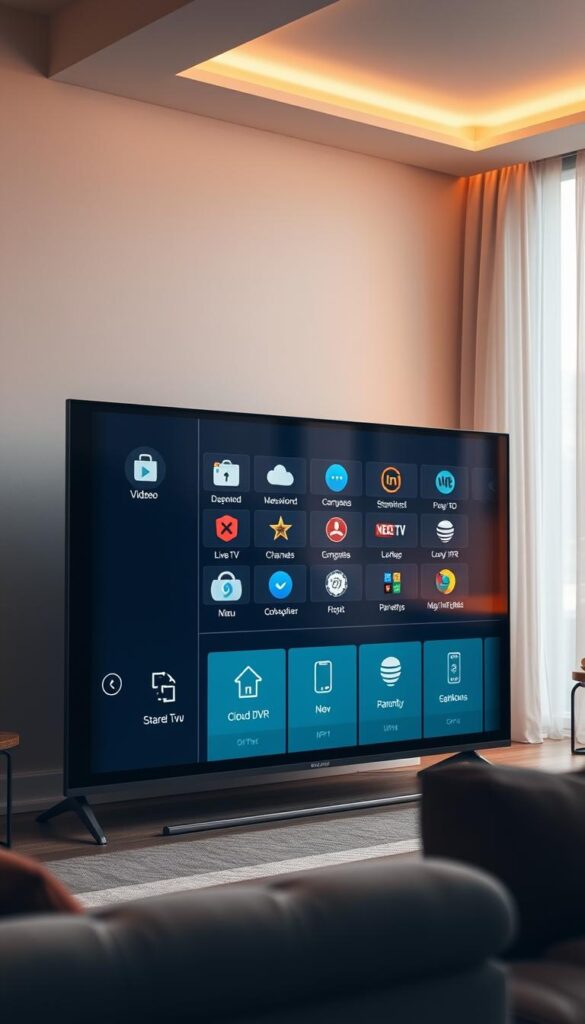 A modern, sleek smart TV displaying an array of IPTV Zusatzfunktionen from the service provider IPTVANBIETERTV. The UI features high-definition icons and intuitive menu navigation, showcasing features like video-on-demand, live TV channels, cloud DVR, and parental controls. The television is situated in a minimalist living room with warm lighting and large windows, creating a cozy and inviting atmosphere. The overall scene conveys the convenience and seamless integration of IPTVANBIETERTV's advanced IPTV capabilities within a contemporary home entertainment setup.