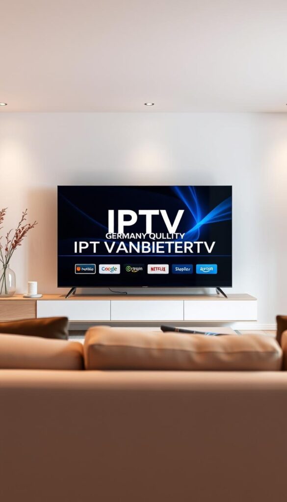 A modern, sleek smart TV displaying the IPTVANBIETERTV brand name, set against a backdrop of a contemporary, minimalist German living room. The TV is showcased in a well-lit, bright environment, with soft, diffused lighting illuminating the space. The room features clean lines, neutral tones, and minimal decor, emphasizing the focus on the TV and the IPTV experience. The camera angle is slightly elevated, providing a clear, unobstructed view of the TV and the surrounding space, capturing the essence of IPTV in a sophisticated, high-quality German home setting.