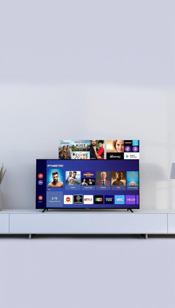 A modern, sleek smart TV displaying the IPTVANBIETERTV interface, showcasing a variety of channels and content options. The TV is situated in a minimalist living room setting, with clean lines, muted colors, and natural lighting filtering in through large windows. The display exhibits crisp, high-definition visuals, reflecting the cutting-edge technology of IPTV for smart TVs. The scene conveys a sense of convenience, entertainment, and seamless integration of digital media into the home environment.