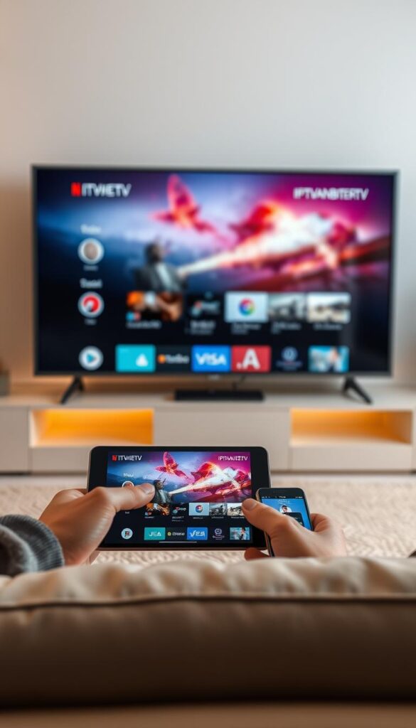A modern, sleek smart TV displaying the IPTVANBIETERTV interface, with a tablet and smartphone mirroring the same content. The scene is set in a minimalist, well-lit living room, showcasing the seamless integration of IPTV across multiple devices. The lighting is warm and inviting, creating a cozy atmosphere. The TV screen displays high-quality, vibrant imagery, highlighting the crisp visuals of the IPTV service. The tablet and smartphone are angled to showcase their responsive, touch-friendly IPTV controls. The overall composition emphasizes the convenience and versatility of IPTV on a variety of mobile devices.