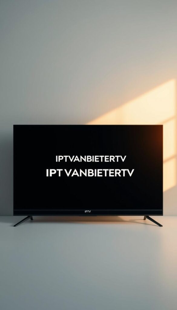 A modern, sleek smart TV displaying the IPTVANBIETERTV logo against a clean, minimalist background. The TV is positioned in the foreground, illuminated by soft, natural lighting that creates a warm, inviting atmosphere. In the middle ground, a simple, user-friendly interface showcases the IPTV Deutschland service, highlighting its intuitive setup and navigation. The background features a subtle gradient or pattern, adding depth and visual interest without distracting from the main subject. The overall composition conveys the simplicity and accessibility of the IPTV Deutschland service for smart TV users.