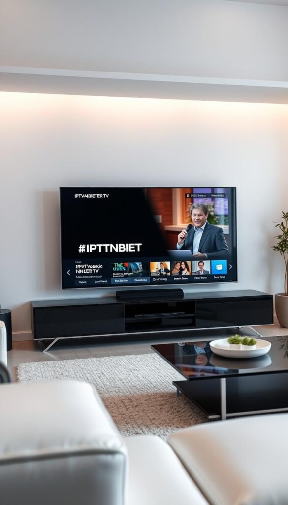 A modern, sleek smart TV displaying the IPTVANBIETERTV logo, seamlessly integrated with an intuitive IPTV interface. The TV screen shows a vibrant, high-definition live stream of a news broadcast, with crisp details and natural colors. The TV is positioned in a well-lit, minimalist living room setting, with soft, diffused lighting and clean, contemporary furnishings. The composition emphasizes the effortless integration of IPTV technology into the smart home environment, capturing the convenience and connectivity of this advanced entertainment solution.