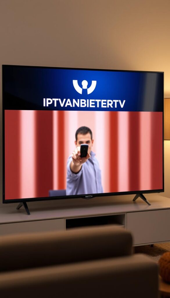 A modern, sleek smart TV displaying the IPTVANBIETERTV logo, showcasing a minimalist and intuitive user interface. The screen features a vibrant, 4K resolution image of a person confidently holding a remote control, inviting the viewer to explore the IPTV service with a free trial. The background is a warm, inviting living room setting with soft lighting and natural textures, conveying a sense of comfort and convenience. The overall scene exudes a premium, high-quality aesthetic that aligns with the exclusive IPTV offering.