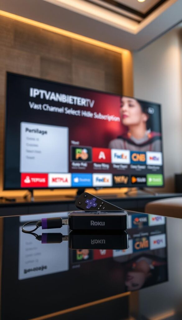 A modern, sleek smart TV displaying the advantages of an IPTVANBIETERTV subscription on Roku. In the foreground, a Roku device with a minimalist, high-tech design sits atop a glossy black surface, reflecting the screen's content. The screen shows a clean, well-organized visual layout highlighting key IPTVANBIETERTV benefits such as a vast channel selection, HD streaming, and user-friendly interface. The background features a stylish, contemporary living room setting with warm lighting and subtle, textured walls, creating a cozy, premium atmosphere. The overall composition conveys the convenience, entertainment value, and seamless integration of IPTVANBIETERTV on the Roku platform.