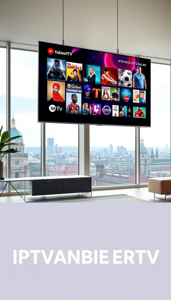 A modern, sleek smart TV screen displaying a dynamic IPTV interface. The UI shows a grid of channel icons, movie posters, and live sports events, all in vibrant colors and crisp resolution. In the foreground, the IPTVANBIETERTV logo is prominently featured, conveying the high-quality IPTV service. The middle ground depicts a minimalist living room setting with a plush couch and floor-to-ceiling windows, allowing natural light to flood the space. The background showcases a cityscape of Berlin's iconic architecture, reflecting the urban context of the article. The overall scene radiates a sense of modern convenience, entertainment, and technological sophistication.