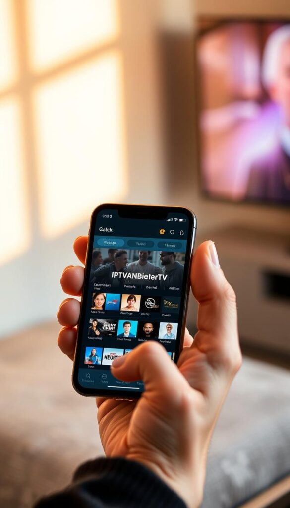 A modern, sleek smartphone displaying the IPTV Deutschland app interface. The screen shows a clean, intuitive layout with vivid channel icons and a simple menu structure. The app's branding "IPTVANBIETERTV" is prominently displayed. The device is held in a natural, relaxed hand pose against a softly blurred background, conveying a sense of ease and seamless functionality. Warm, natural lighting illuminates the scene, creating a welcoming and inviting atmosphere. The composition is balanced, placing the smartphone in the center of the frame with ample negative space to draw the viewer's attention.