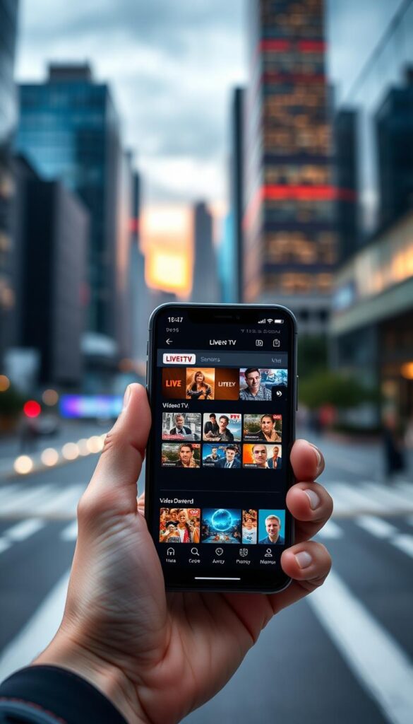 A modern, sleek smartphone displaying the IPTVANBIETERTV app, showcasing live TV channels, video-on-demand content, and intuitive user interface. The device is held in a hand against a blurred urban background, with skyscrapers and a vibrant city skyline visible in the distance. Soft, directional lighting illuminates the screen, highlighting the vivid colors and crisp visuals of the IPTV platform. The overall scene conveys the convenience and mobility of accessing premium television entertainment on the go.