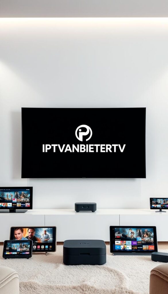 A modern, sleek television display showcases the IPTVANBIETERTV brand logo in the center. The screen is flanked by a minimalist array of smart devices, each displaying various streaming content. The background is a soft, neutral palette, creating a sense of sophistication and technological prowess. Subtle lighting accentuates the refined aesthetic, while the composition emphasizes the versatility and accessibility of the IPTVANBIETERTV service across multiple platforms. The overall impression conveys the leading position of IPTVANBIETERTV as the premier IPTV provider in Germany.