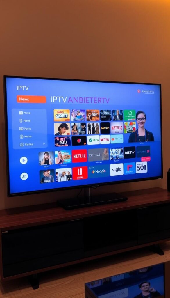 A modern, sleek television displaying a wide range of IPTV channels, with a minimalist user interface and a customer service representative readily available to assist. The screen showcases the diverse programming options, from news and sports to movies and entertainment, all under the brand "IPTVANBIETERTV". The scene is bathed in warm, diffused lighting, creating a welcoming and inviting atmosphere. The camera angle is slightly elevated, providing a comprehensive view of the setup, emphasizing the comprehensive nature of the IPTV offering. The background is blurred, keeping the focus on the television and the attentive customer service agent, conveying a sense of professionalism and personalized attention.