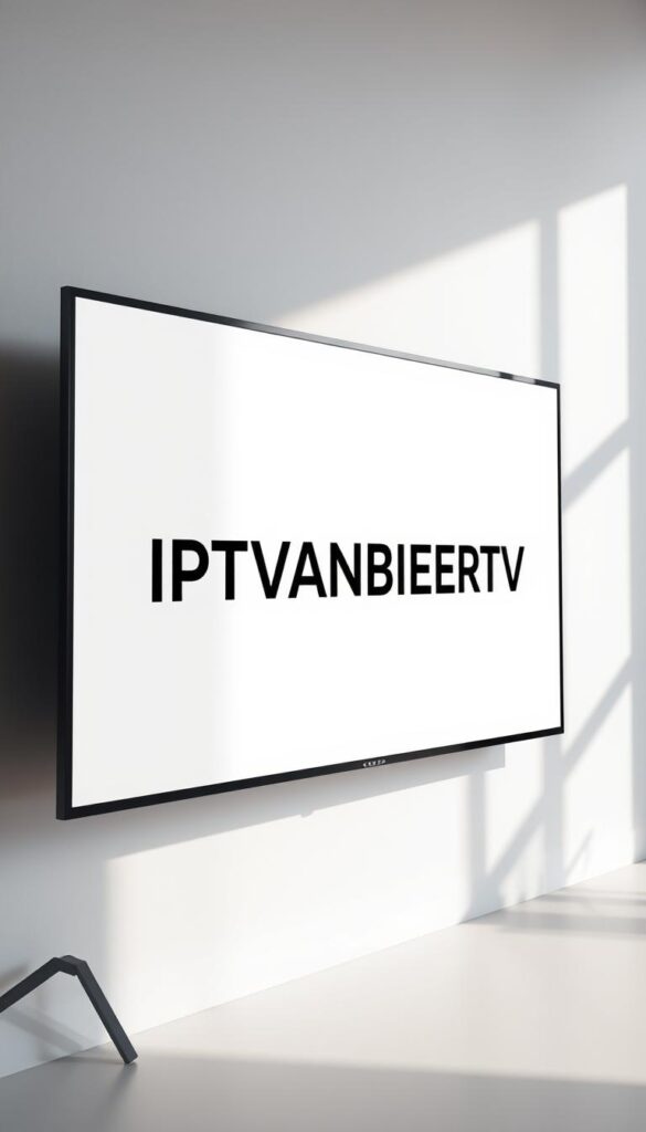 A modern, sleek television displaying the IPTVANBIETERTV brand logo on a minimalist, white background. The screen is angled slightly, casting soft shadows that create depth and dimension. The lighting is natural and diffused, emanating a sense of quality and professionalism. The television is positioned centrally, taking up the majority of the frame, with a clean, uncluttered composition. The overall aesthetic conveys a premium, high-tech feel, reflecting the best IPTV provider in Germany.