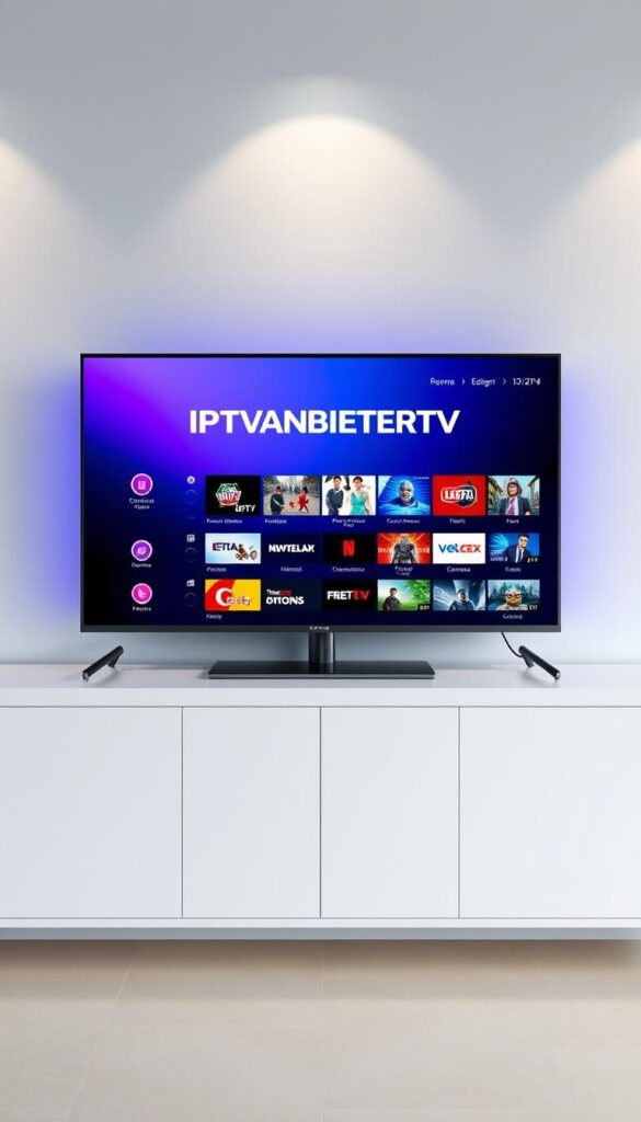 A modern, sleek television displaying the IPTVANBIETERTV brand, set against a minimalist background with soft lighting. The screen showcases a variety of content options, highlighting the advantages of IPTV over traditional TV services, such as a wide selection of channels, on-demand streaming, and the ability to access content on multiple devices. The overall composition conveys a sense of convenience, flexibility, and the future of television entertainment.