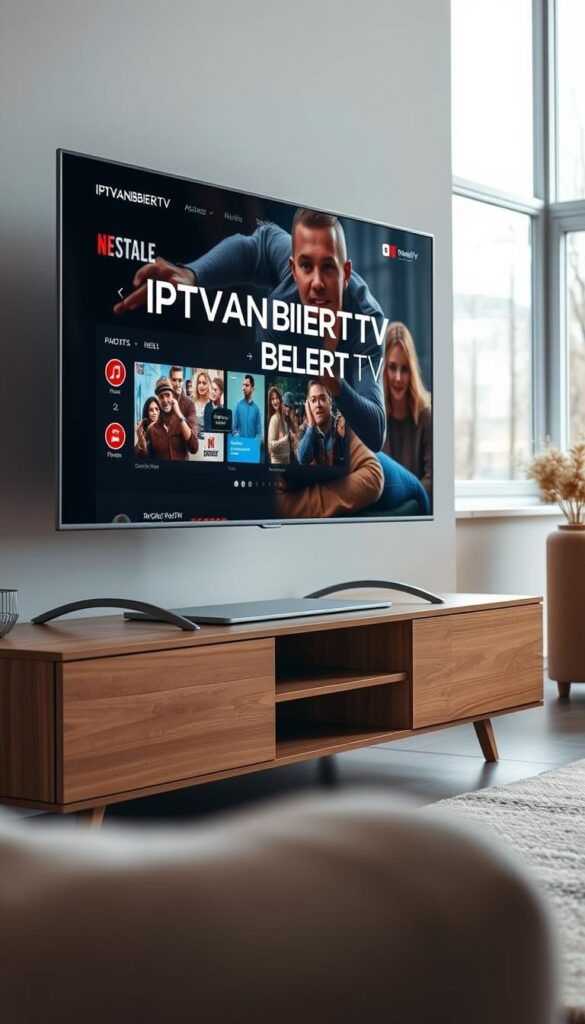 A modern, sleek television displaying the IPTVANBIETERTV brand, sitting on a minimalist wooden entertainment unit in a well-lit, airy living room. The television screen shows a dynamic IPTV user interface, hinting at the wide selection of legal content available. The room features large windows, allowing natural light to flood in and create a warm, inviting atmosphere. The overall scene conveys the idea of a legal, hassle-free IPTV experience in Germany.