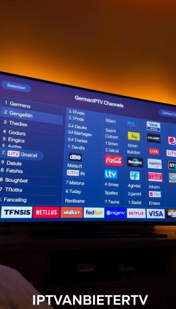 A modern, sleek television interface displaying a comprehensive list of German IPTV channels in high definition. The screen is illuminated by warm, soft lighting, creating a cozy and inviting atmosphere. The interface features a clean, minimalist design with bold, legible text highlighting the channel names. The layout is well-organized, with clear sections for different genres and categories, making navigation intuitive. In the foreground, the IPTVANBIETERTV logo is prominently displayed, conveying the brand's authority and expertise in providing a robust selection of German HD channels. The overall impression is one of professionalism, quality, and a dedication to delivering the ultimate IPTV experience for German viewers.