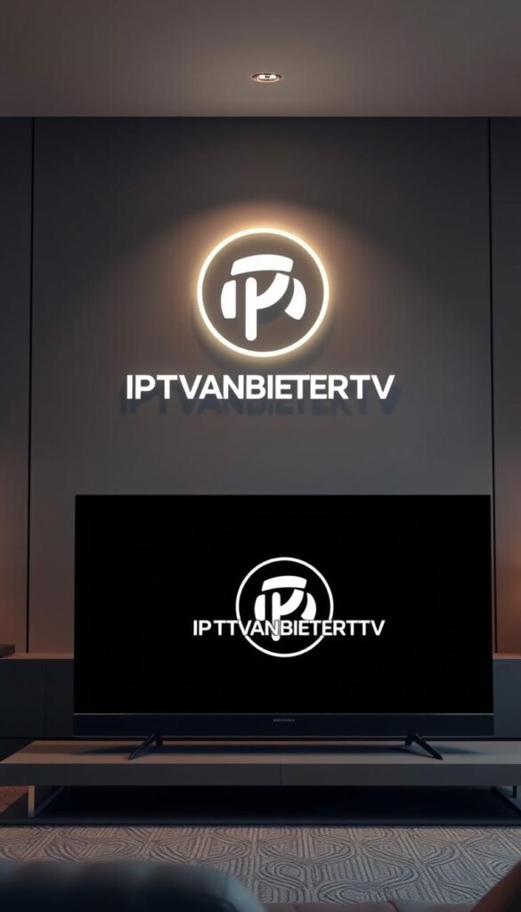 A modern, sleek television set dominates the foreground, its screen displaying the prominent IPTVANBIETERTV logo. The background features a minimalist, high-tech environment with clean lines and a muted color palette, suggesting a professional, reliable service. Subtle lighting casts a warm glow, creating a sense of quality and trustworthiness. The overall composition conveys a premium, cutting-edge IPTV provider catering to the needs of those with poor internet connectivity in Germany.