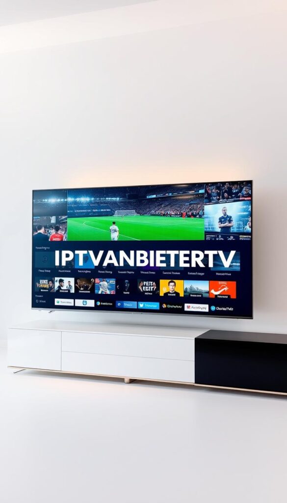 A modern, sleek television set prominently displaying the brand name "IPTVANBIETERTV" in a bold, minimalist font. The screen shows a vibrant, high-definition image of a diverse range of live sports and entertainment channels, showcasing the revolutionary capabilities of IPTV technology. The television is positioned against a clean, white background, accentuating its streamlined design and the crisp, immersive visual experience it provides. Soft, directional lighting casts a warm, inviting glow, emphasizing the device's premium quality and the transformative power of IPTV in redefining the future of television in Deutschland.