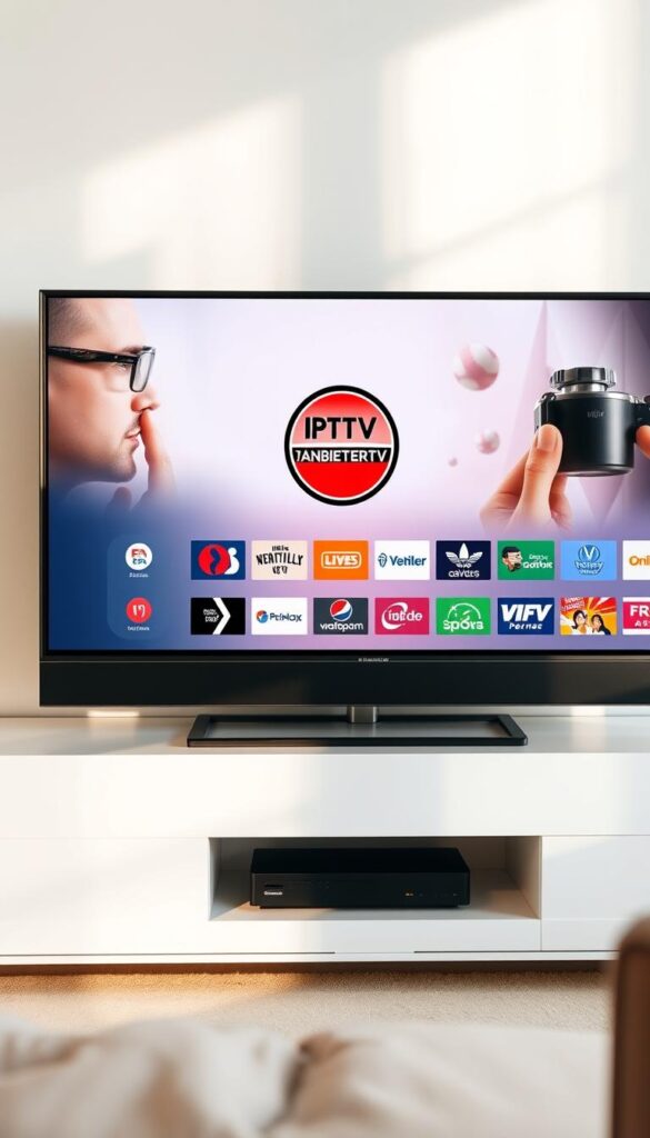 A modern, sleek television with a prominent "IPTVANBIETERTV" logo on the screen, displaying a diverse array of international channels and streaming options. The TV is set against a minimalist, light-colored background, showcasing its slim, minimalist design. The scene is illuminated by soft, natural lighting, creating a warm and inviting atmosphere. The television is presented in a way that highlights its user-friendly features and multi-device compatibility, conveying the idea of a comprehensive IPTV solution for international viewers in Germany.