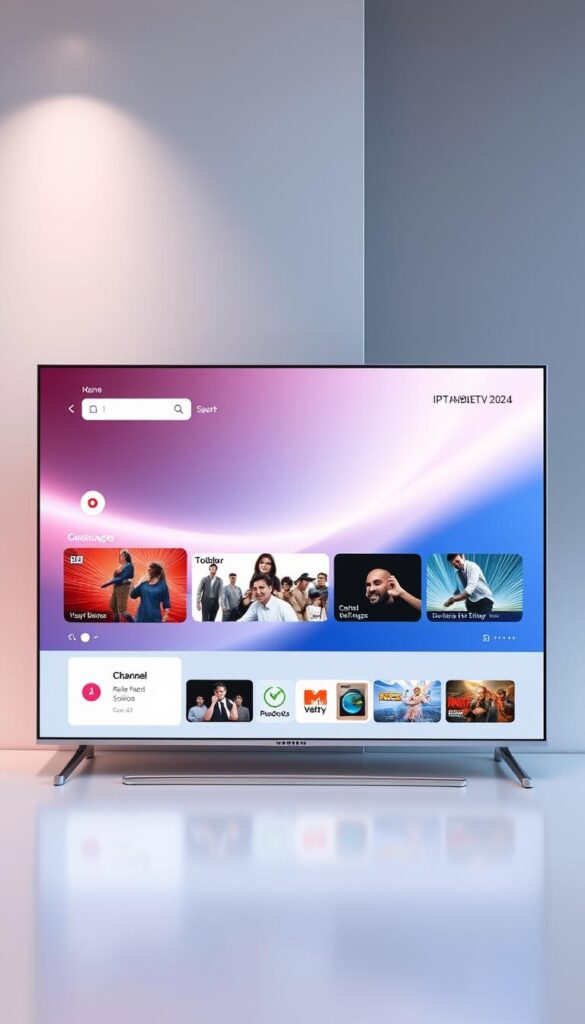 A modern, sleek user interface showcasing the latest IPTVANBIETERTV offerings for 2024. A clean, well-organized layout highlights the diverse channel selection and customizable packages, all presented against a backdrop of subtle gradients and minimalist design elements. The scene evokes a sense of technological sophistication and forward-thinking innovation in the IPTV landscape, captured through a crisp, high-resolution rendering with precise lighting and camera angles that draw the viewer's attention to the key features. The overall composition exudes a professional, authoritative tone befitting the subject matter.